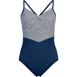 Land's End Plus Size pleated striped slender suit deep sea navy mini stripes Var